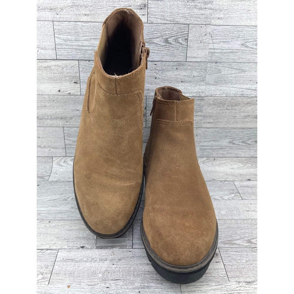 Clarks Women Tan Suede Wedge Platform Ankle Boots Side Zip Chelsea Booties Sz 8M